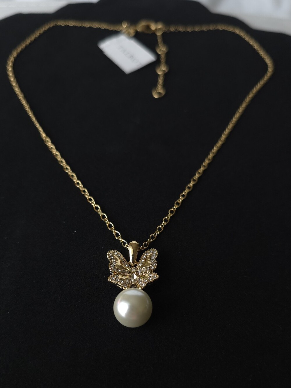 Talbots Gold Butterfly Pendant Necklace with Pearl Drop And Crystal Details